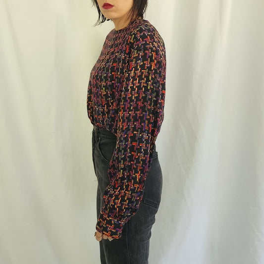 80s Black Funky Plaid Blouse