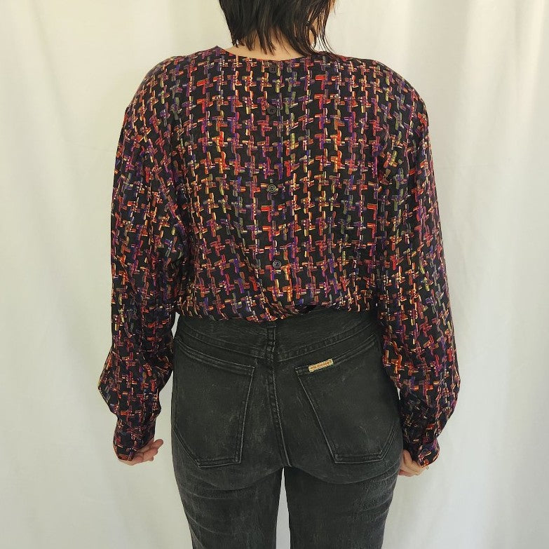 80s Black Funky Plaid Blouse