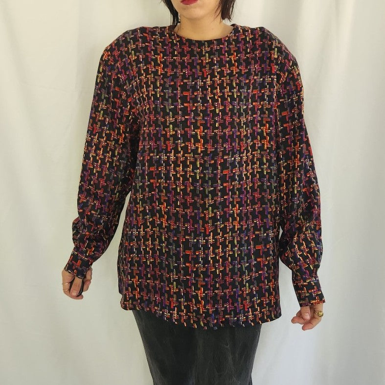80s Black Funky Plaid Blouse