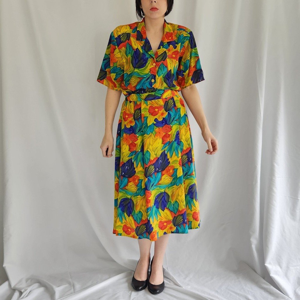 80s Bright Floral Skirt Set