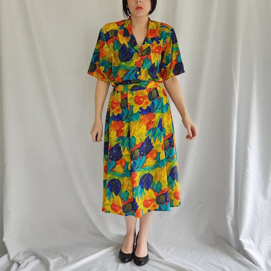 80s Bright Floral Skirt Set