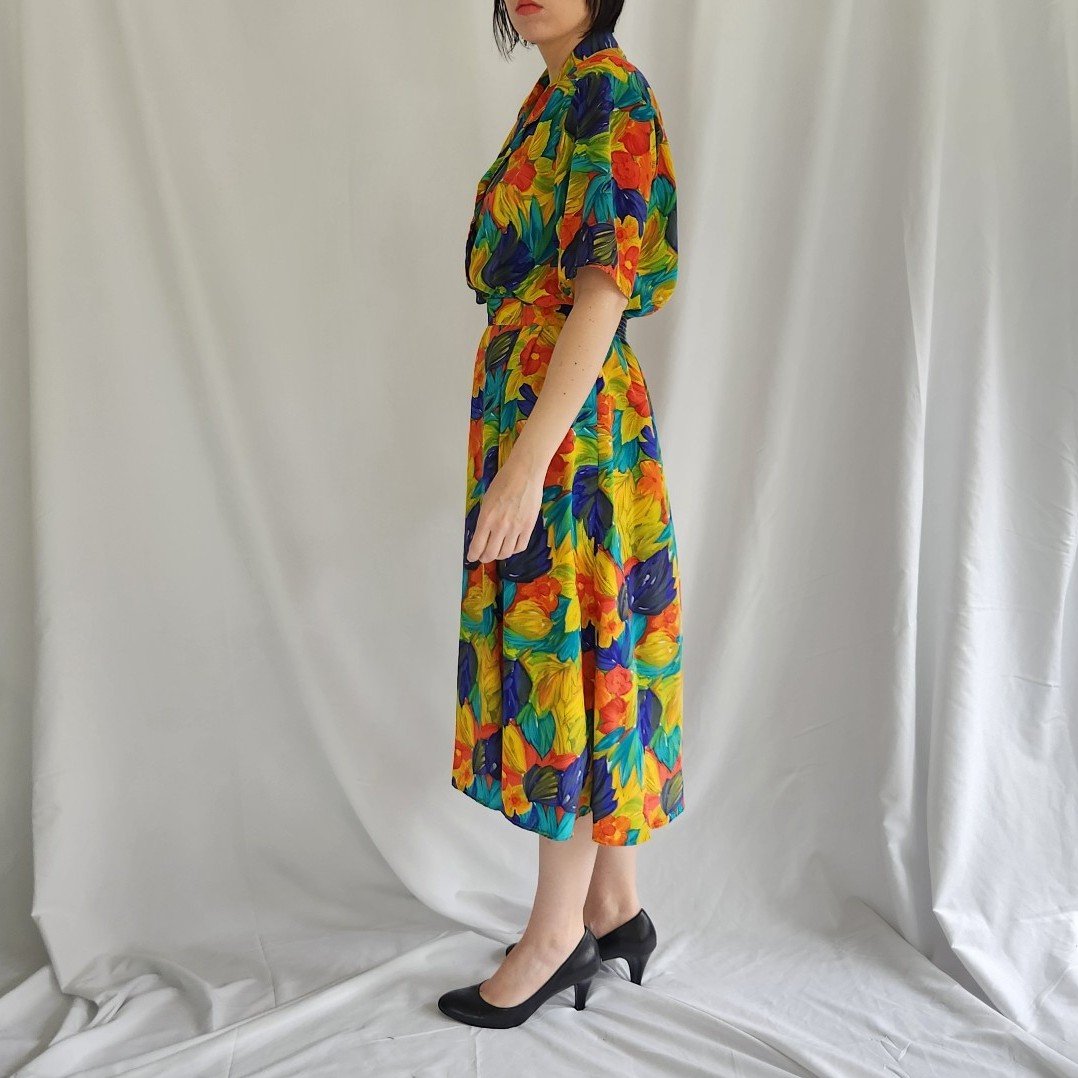 80s Bright Floral Skirt Set