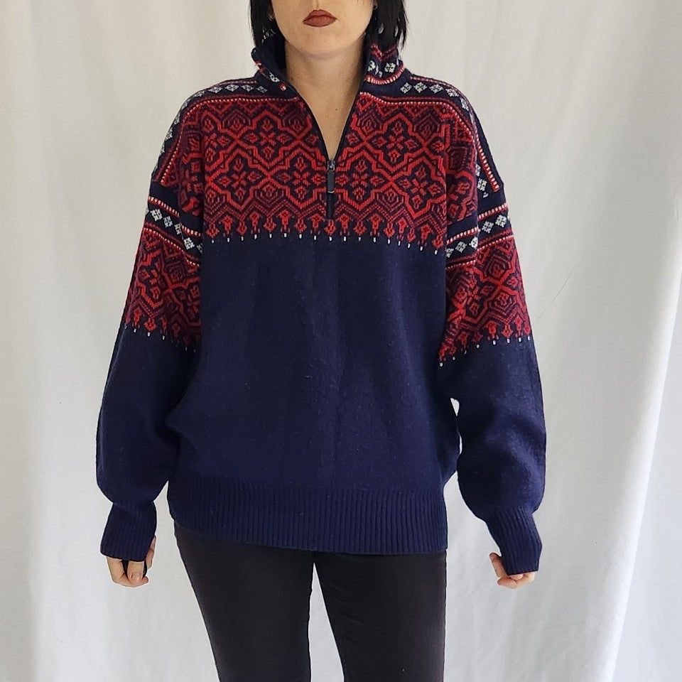 90s Red and Blue Wool Blend Quarter Zip Sweater