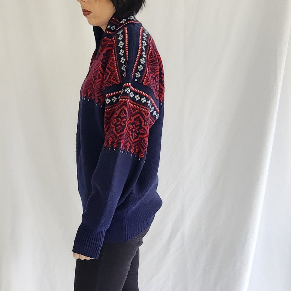 90s Red and Blue Wool Blend Quarter Zip Sweater