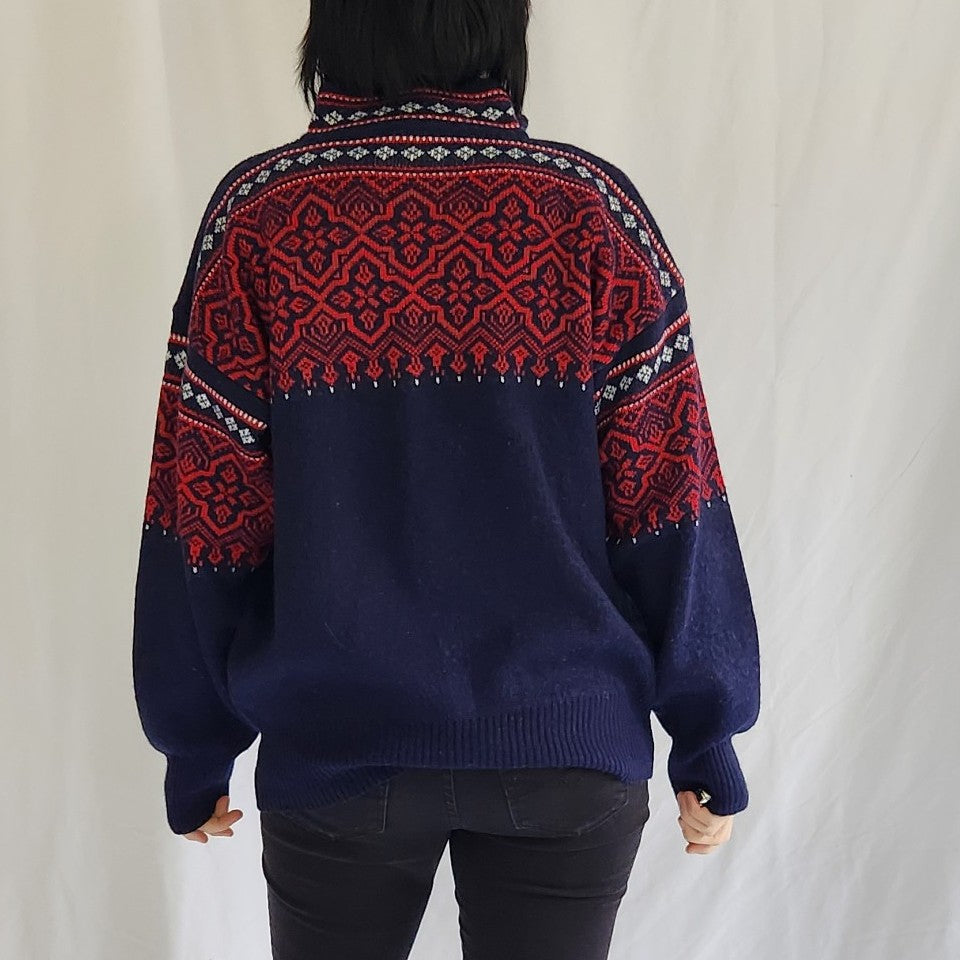 90s Red and Blue Wool Blend Quarter Zip Sweater