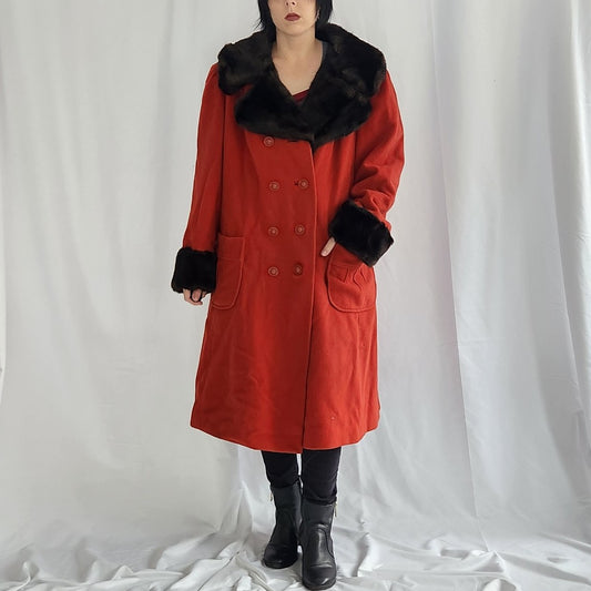 70s Orange Wool Coat with Faux Fur Accents
