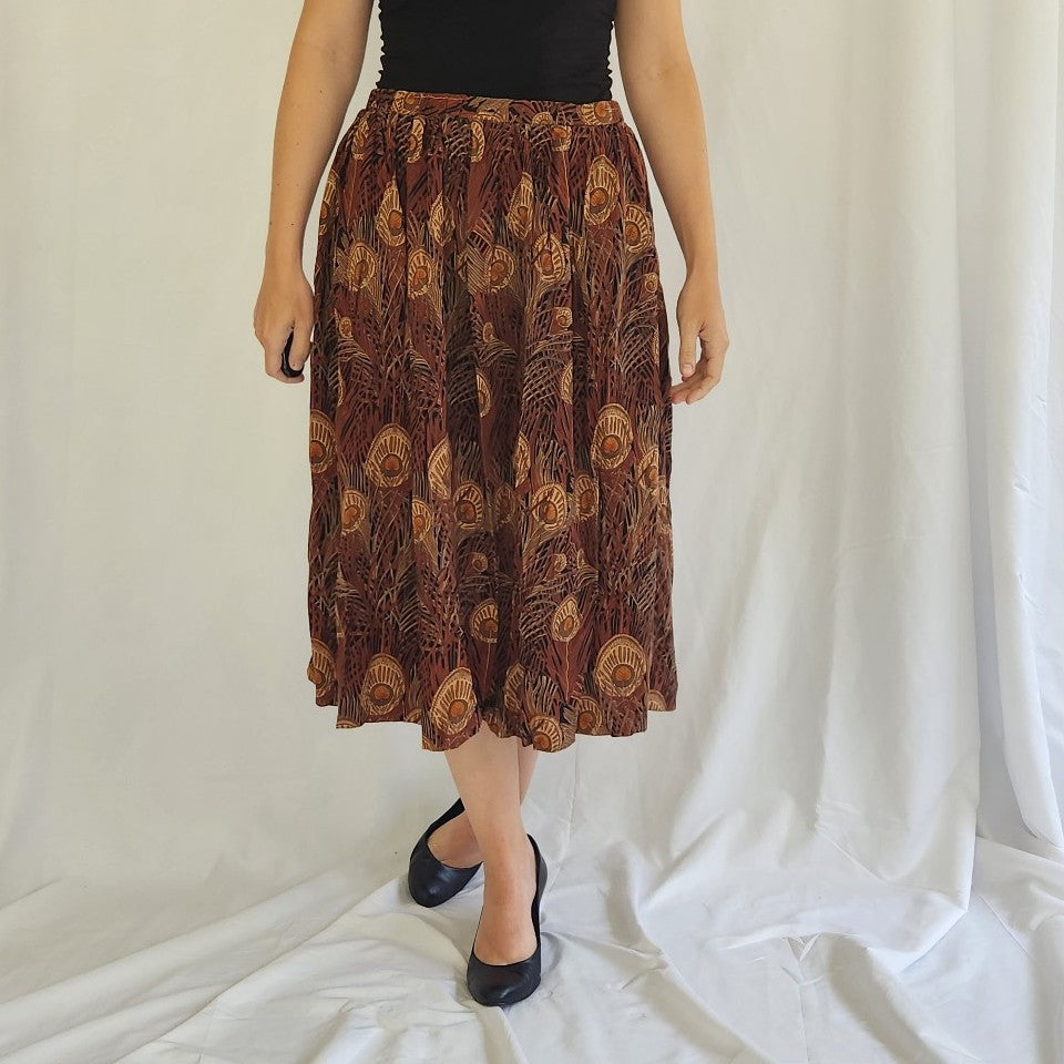80s Brown Feather Print Midi Skirt