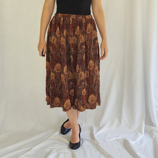 80s Brown Feather Print Midi Skirt