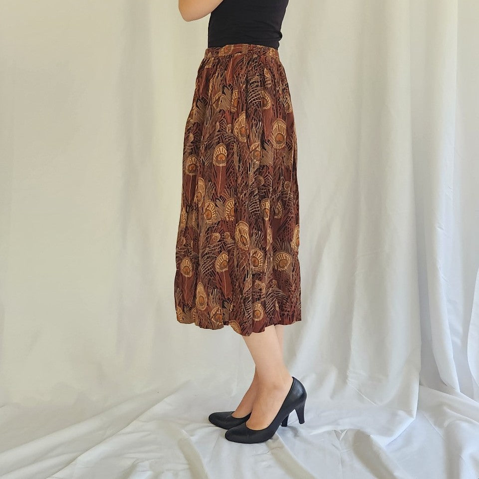 80s Brown Feather Print Midi Skirt