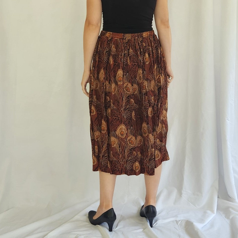 80s Brown Feather Print Midi Skirt