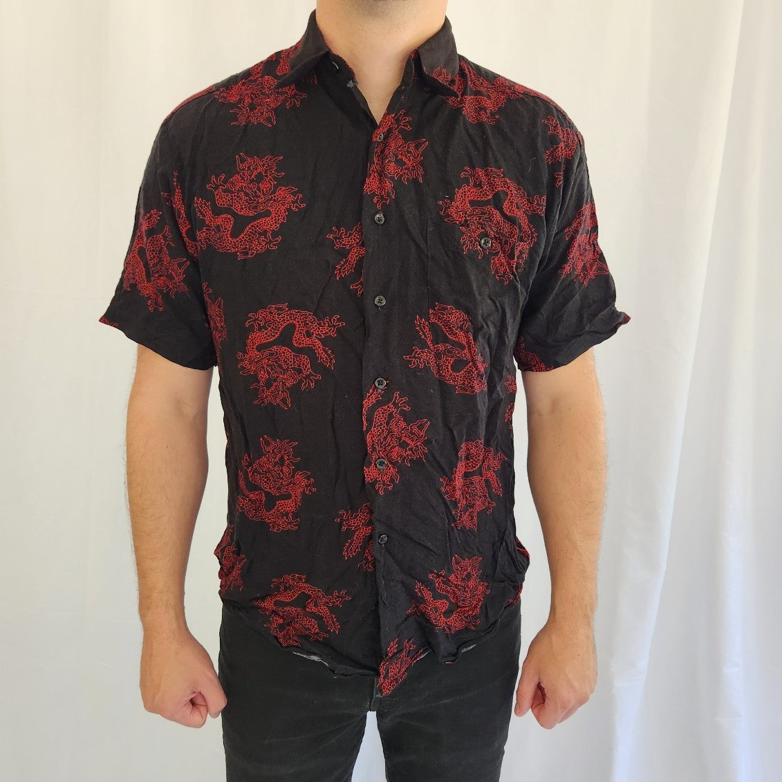 90s Red and Black Dragon Print Rayon Button Down Shirt