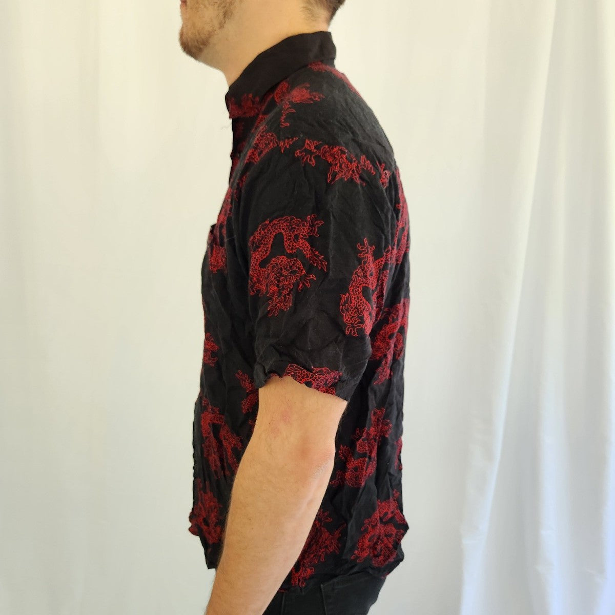 90s Red and Black Dragon Print Rayon Button Down Shirt