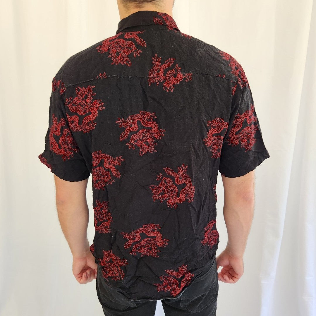 90s Red and Black Dragon Print Rayon Button Down Shirt