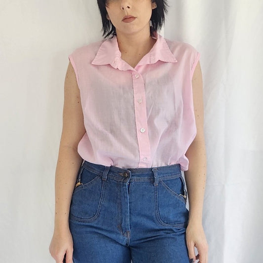 70s Pink Sleeveless Button Down