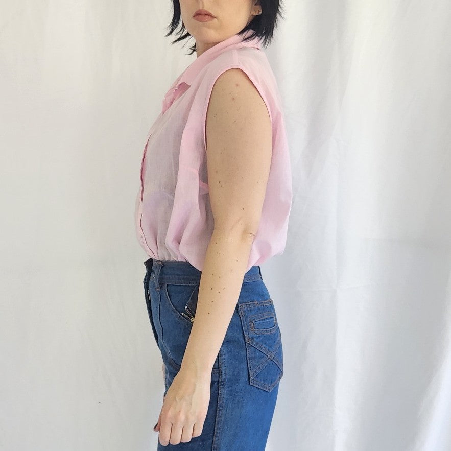 70s Pink Sleeveless Button Down