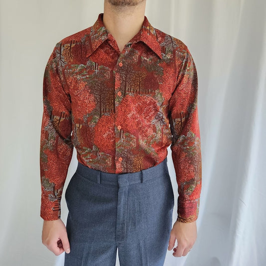 70s Jantzen Red Tree Print Dagger Collar Button Down
