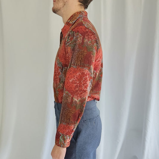 70s Jantzen Red Tree Print Dagger Collar Button Down