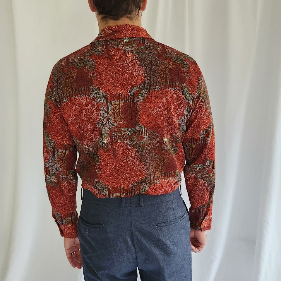 70s Jantzen Red Tree Print Dagger Collar Button Down