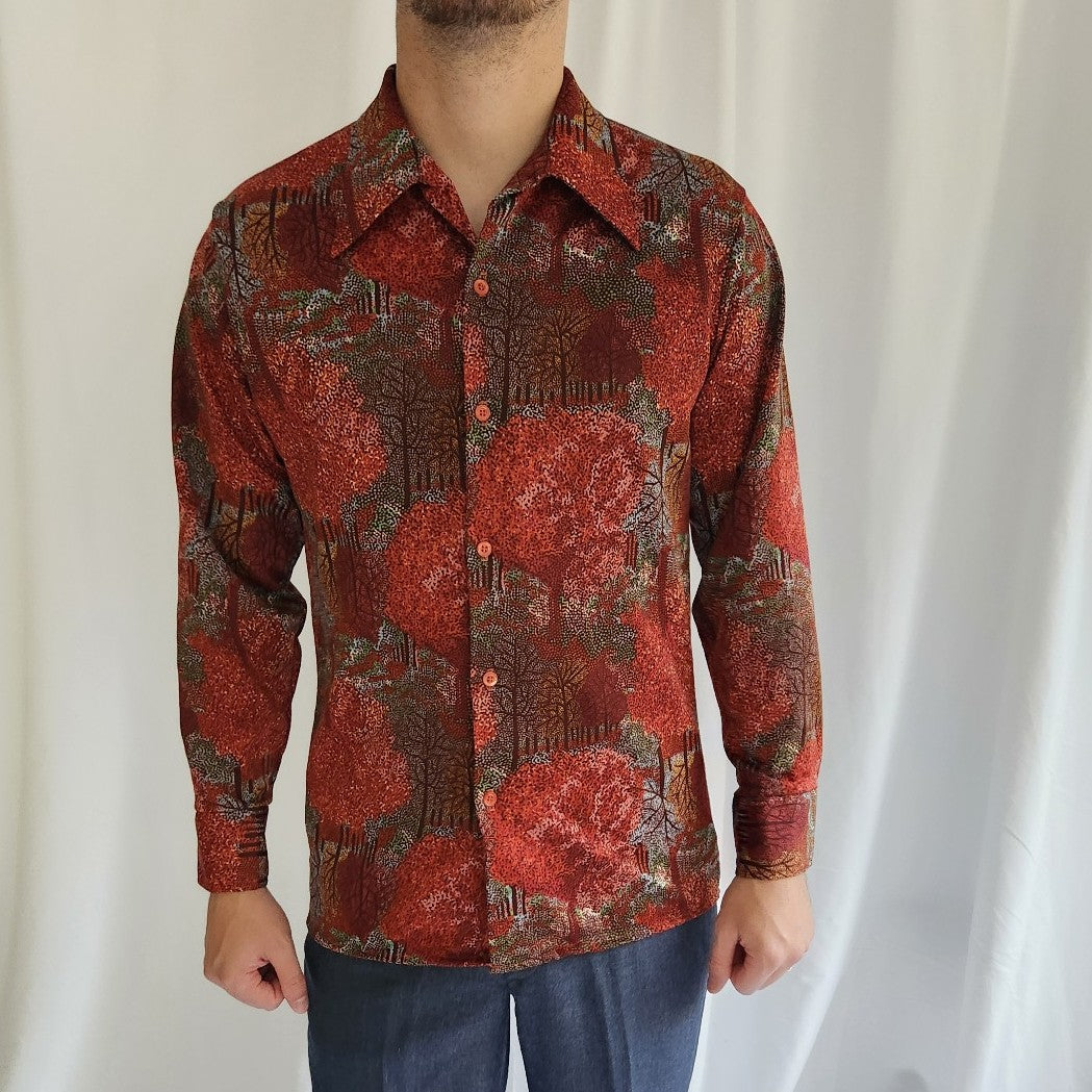 70s Jantzen Red Tree Print Dagger Collar Button Down