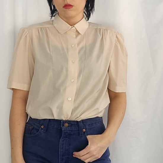 80s Beige Short Sleeve Button Down Shirt