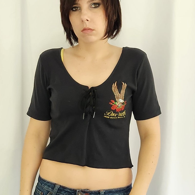 90s Daytona Beach Bike Week Lace Up Crop Top