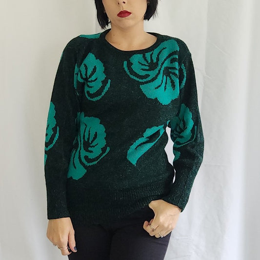 80s Teal Leaf Print Sweater
