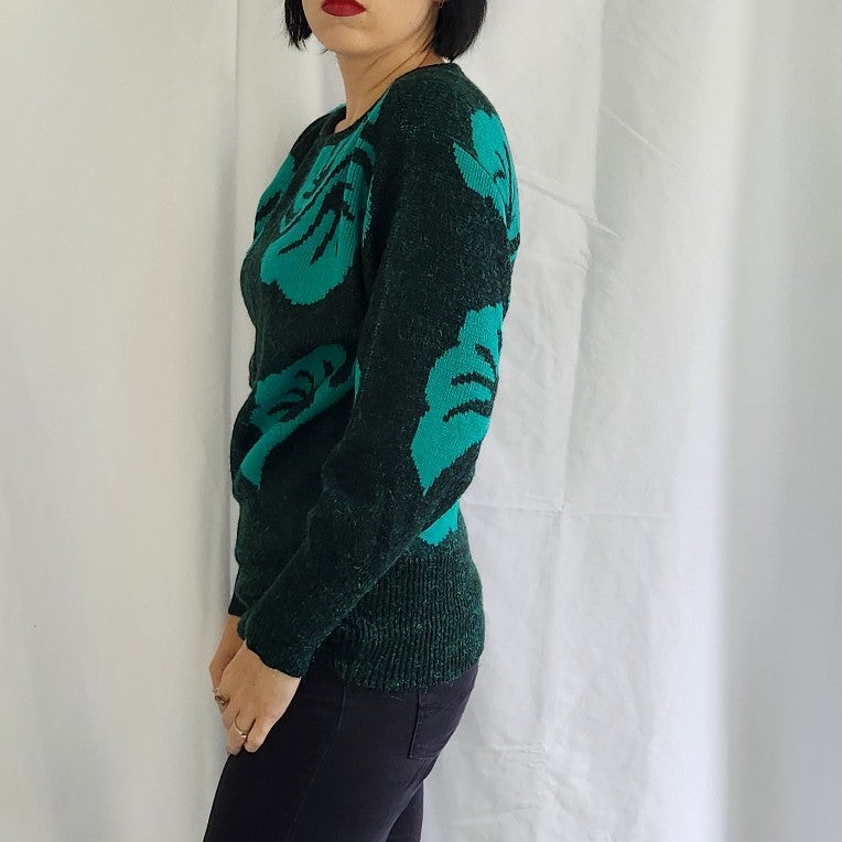 80s Teal Leaf Print Sweater
