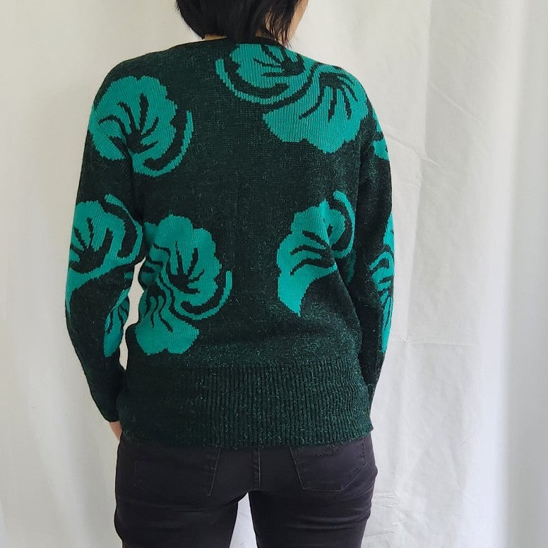 80s Teal Leaf Print Sweater