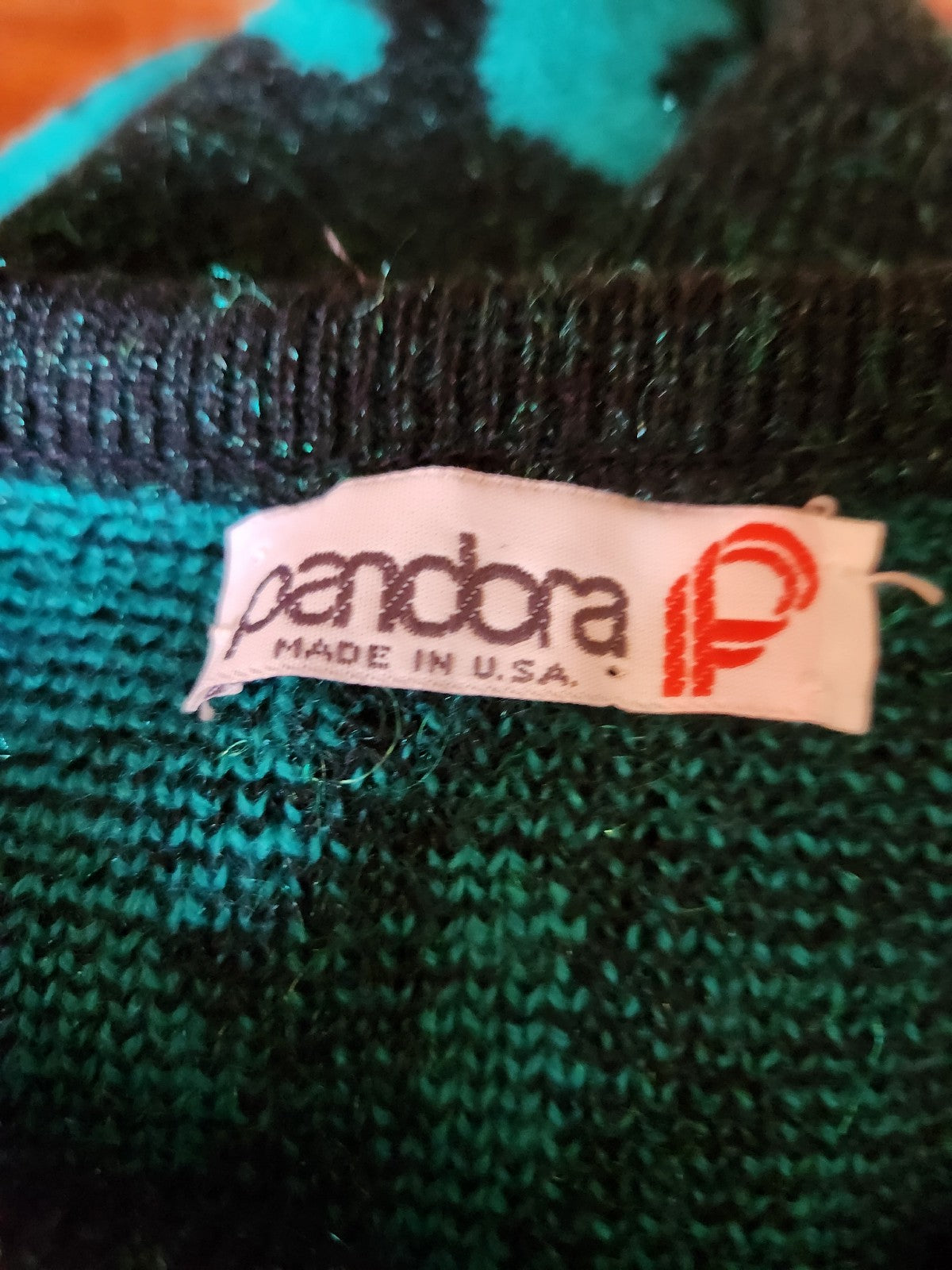 80s Teal Leaf Print Sweater