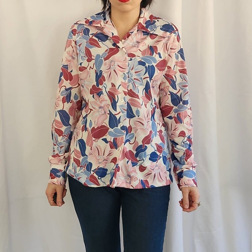 70s Pink and Blue Floral Butto Down