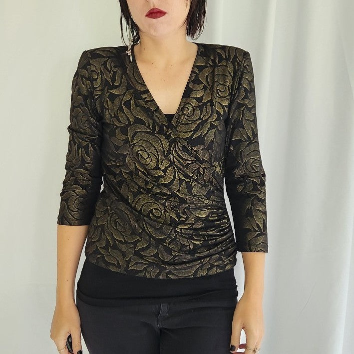 90s Black and Gold Wrap Style Top