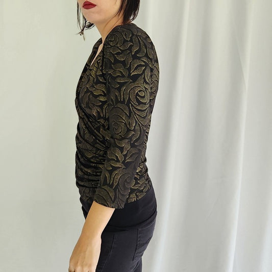 90s Black and Gold Wrap Style Top