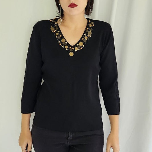 90s/Y2K Black Boho V Neck Top