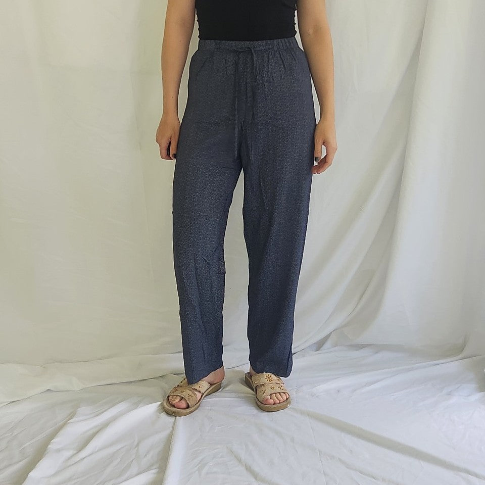 90s/Y2K Blue Ditsy Floral Print Rayon Pants