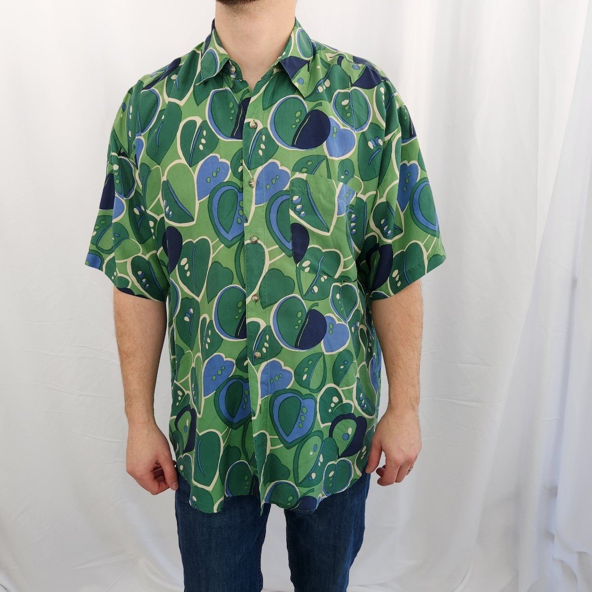 90s/Y2K Green and Blue Silk Shirt