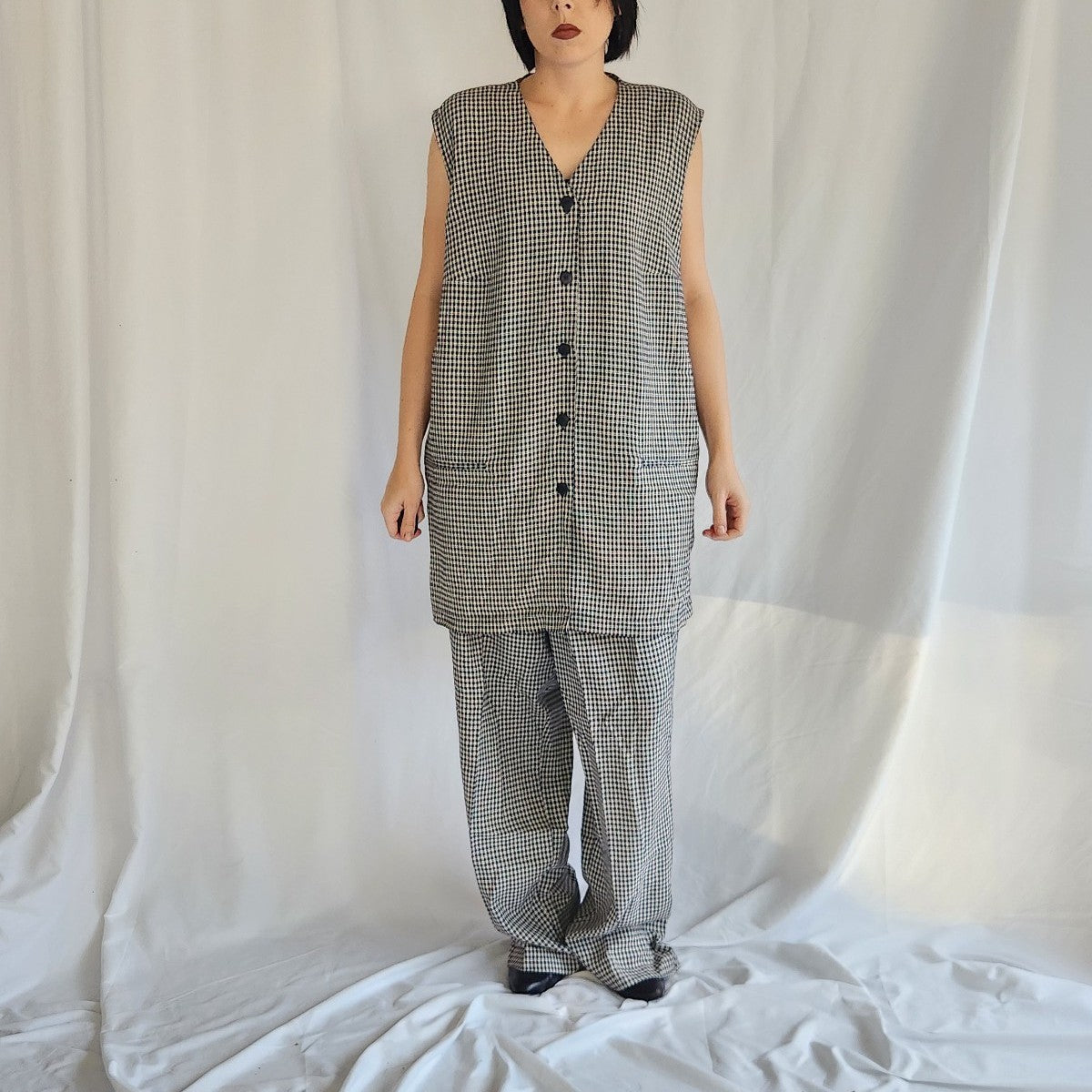 90s Beige and Navy Plaid Pants and Top Set