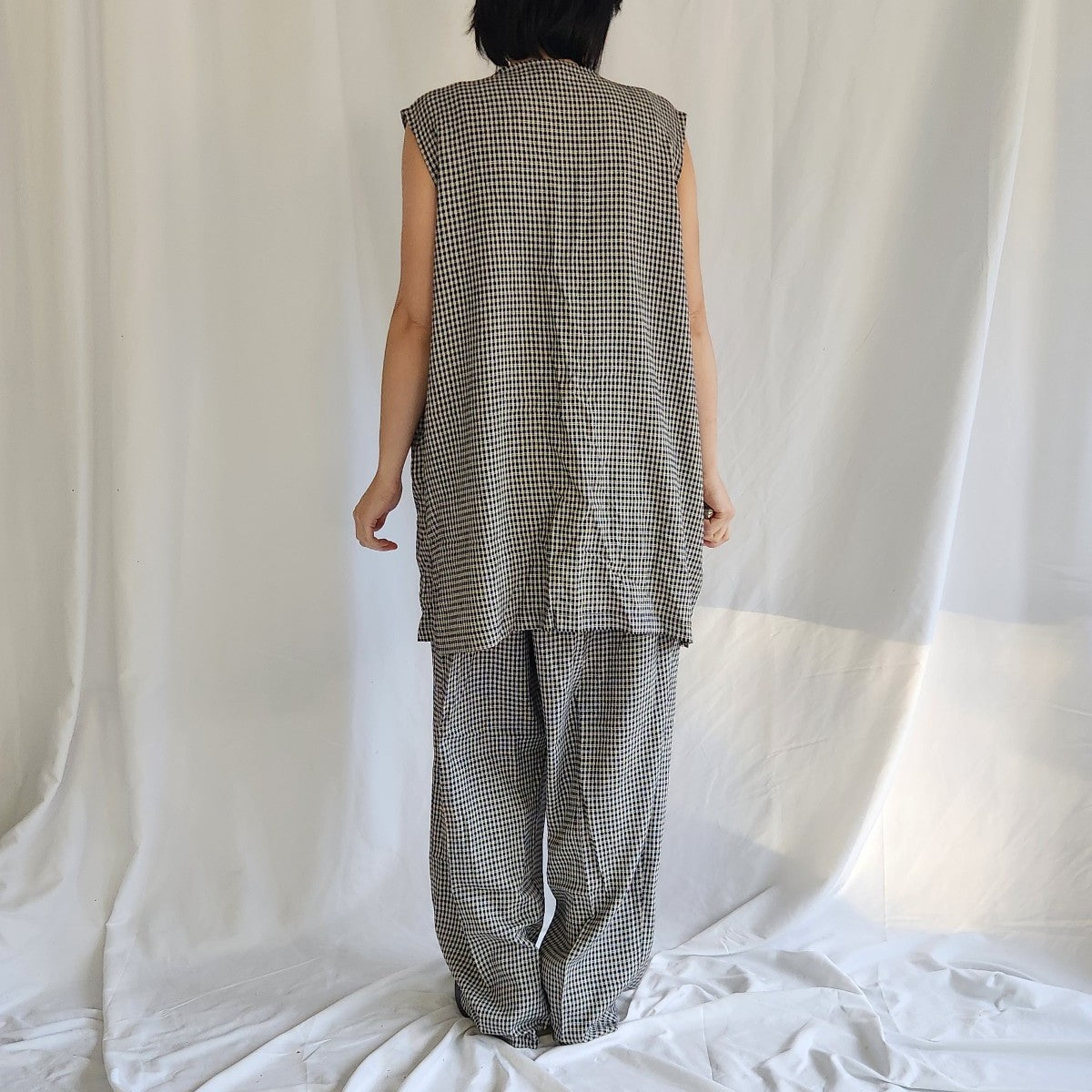 90s Beige and Navy Plaid Pants and Top Set