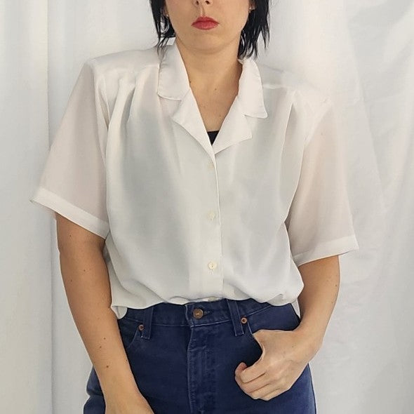 80s White Short Sleeve Button Down Blouse