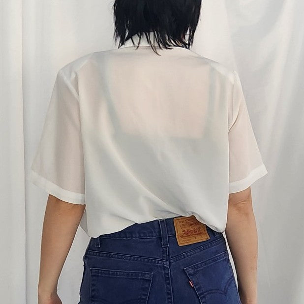 80s White Short Sleeve Button Down Blouse