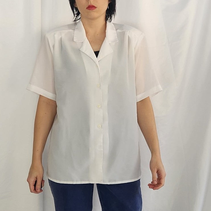80s White Short Sleeve Button Down Blouse
