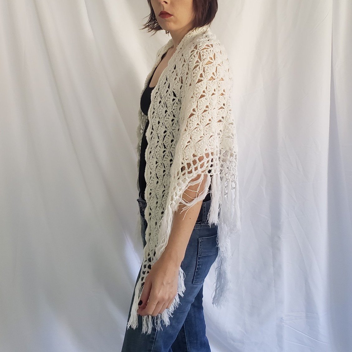 70s Shell Stitch White Shawl