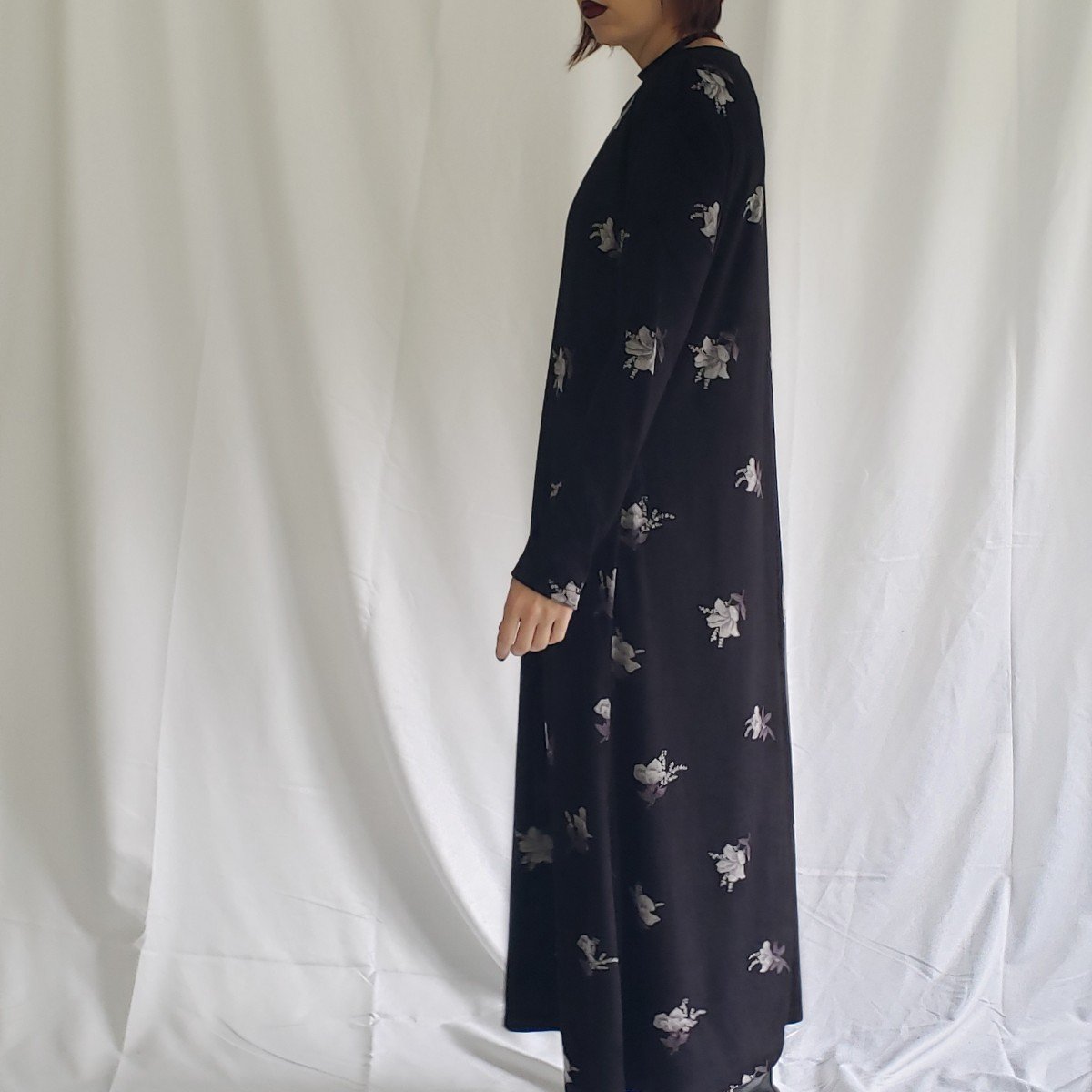 90s Black Velvet Floral Maxi Dress