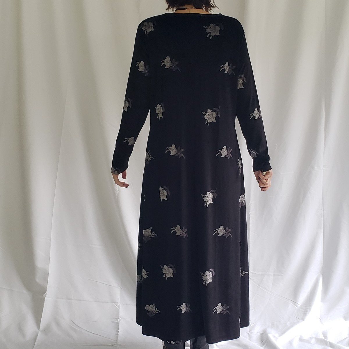 90s Black Velvet Floral Maxi Dress