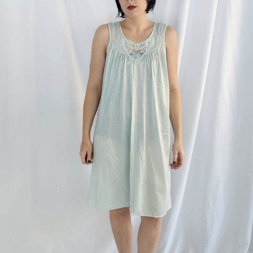 80s Blue Nylon Sleeveless Nightgown