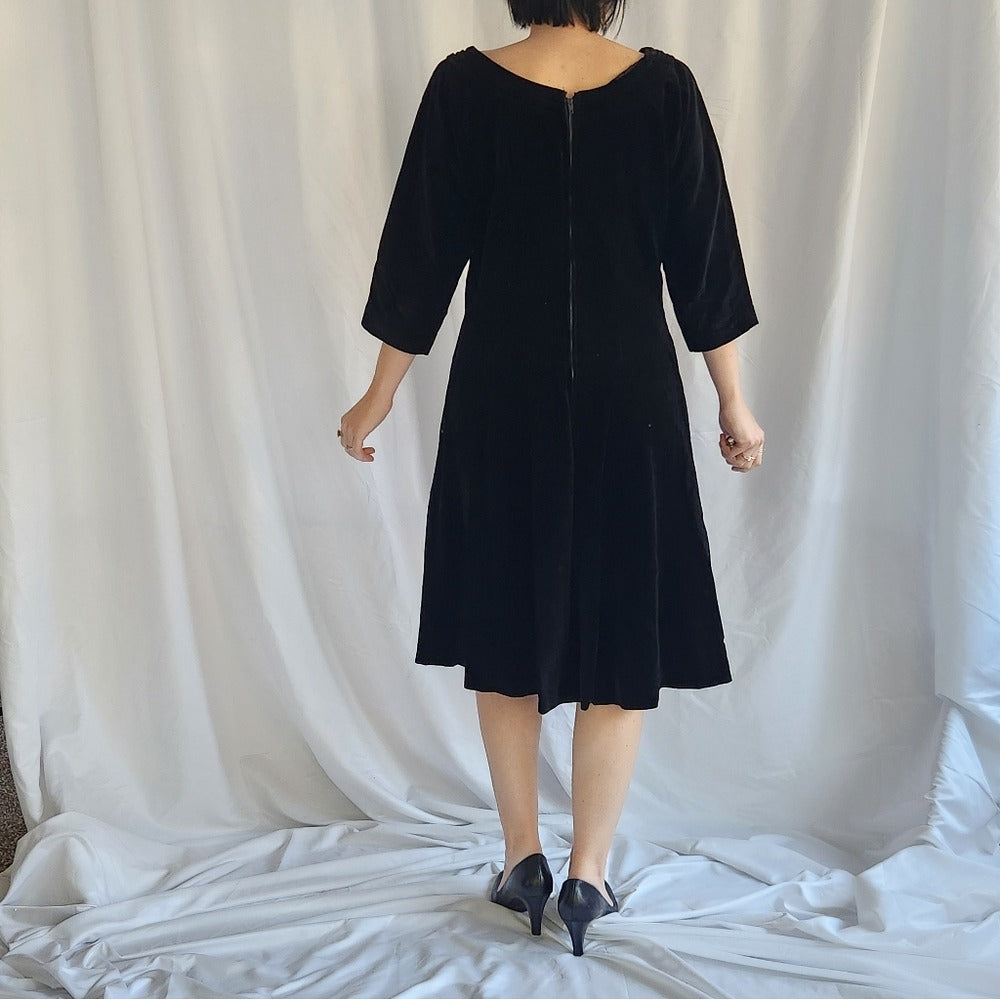 50s/60s Black Velvet Midi Dress