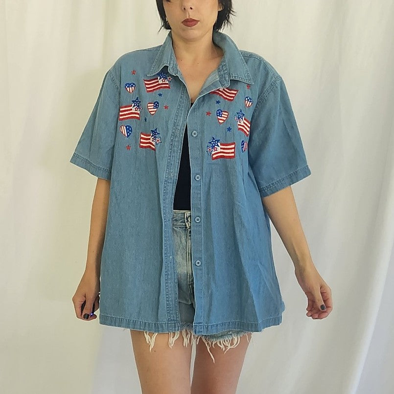 90s/00s Denim Flag Embroidered Button Down