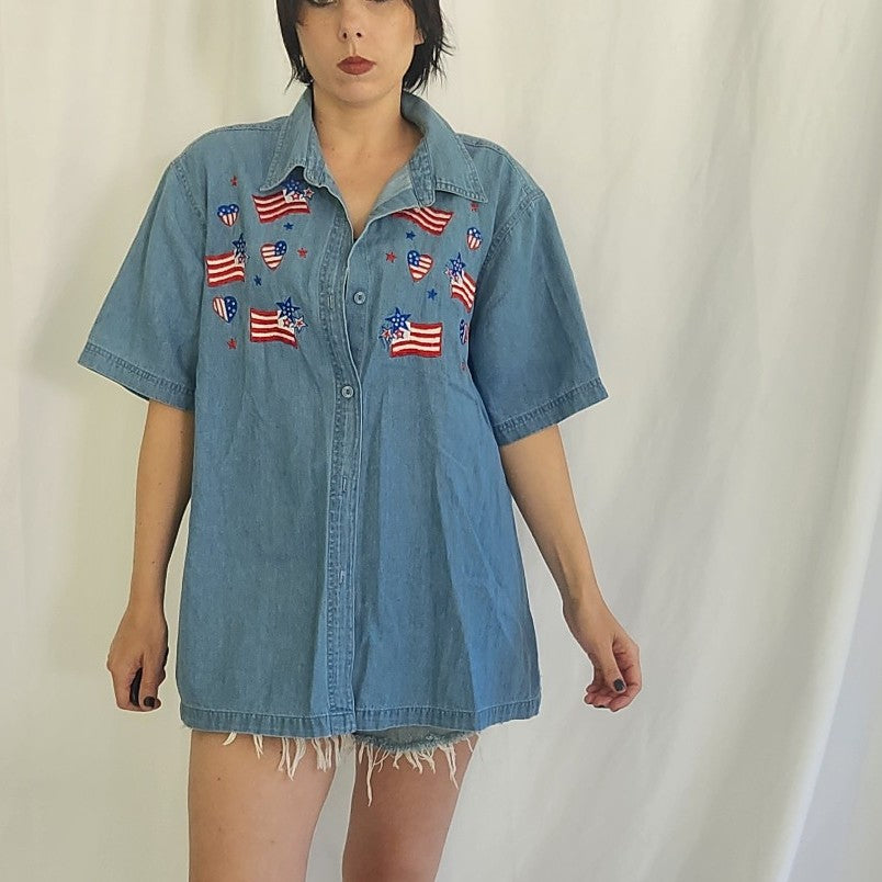 90s/00s Denim Flag Embroidered Button Down
