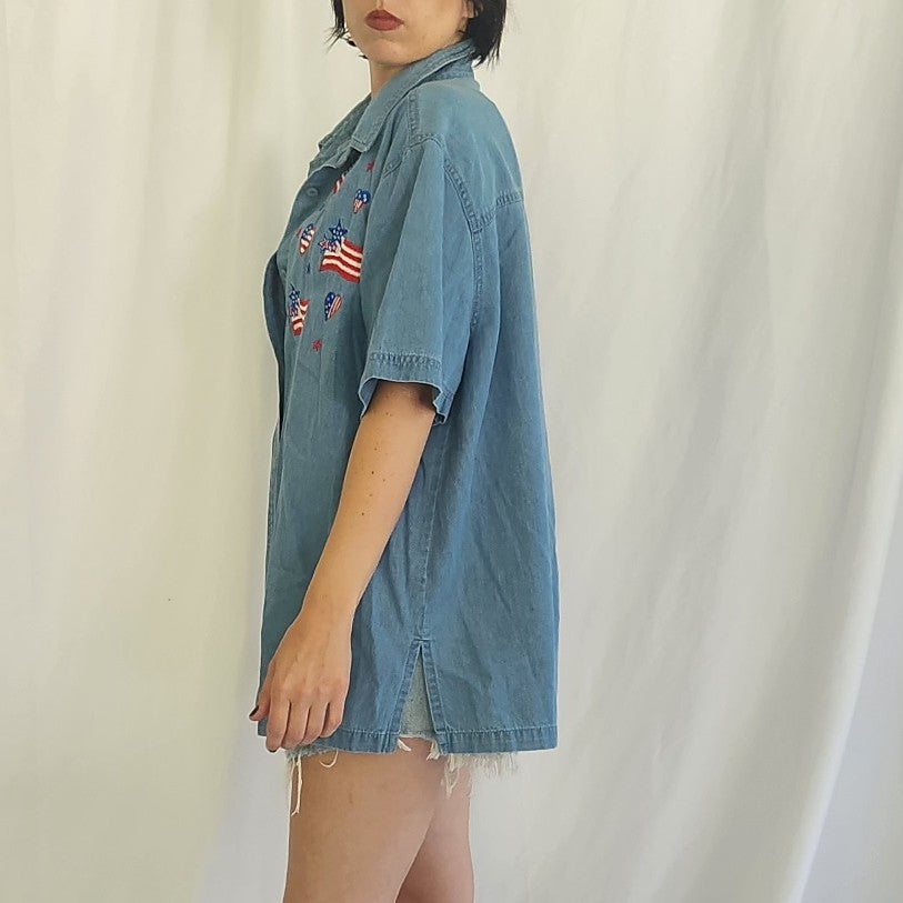 90s/00s Denim Flag Embroidered Button Down