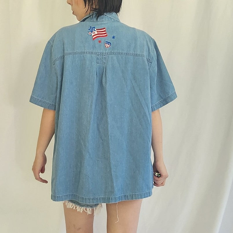90s/00s Denim Flag Embroidered Button Down