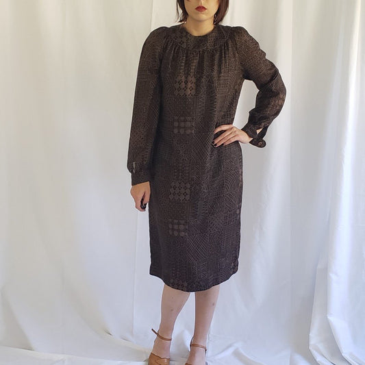 70s Brown Handmade Geometric Print Day Dress